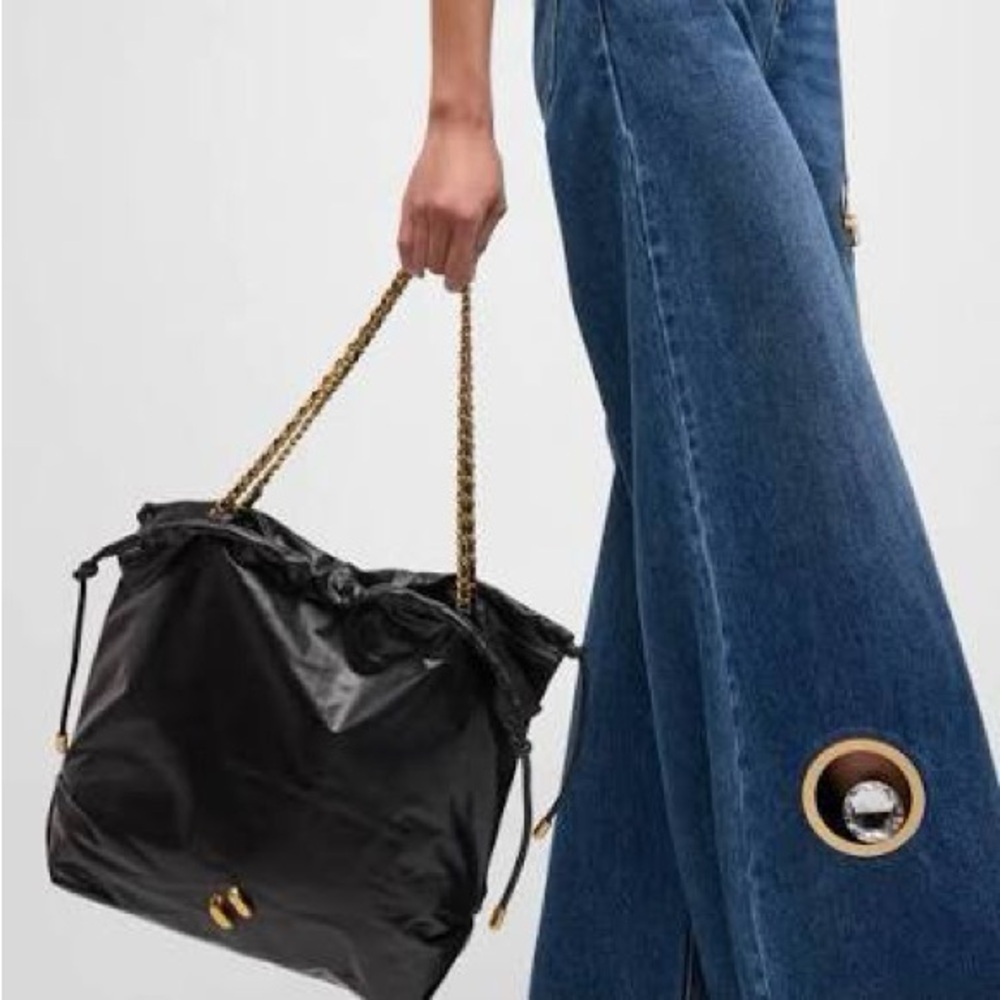 Rebecca Minkoff Black Drawstring Tote with Gold Chain Handles